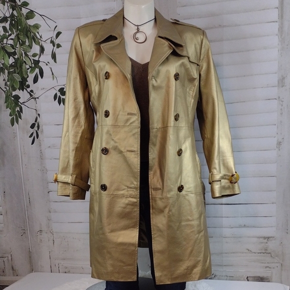 Jerry Lewis Jackets & Blazers - Vintage Jerry Lewis Gold Leather Trench Coat Women's Size 1X